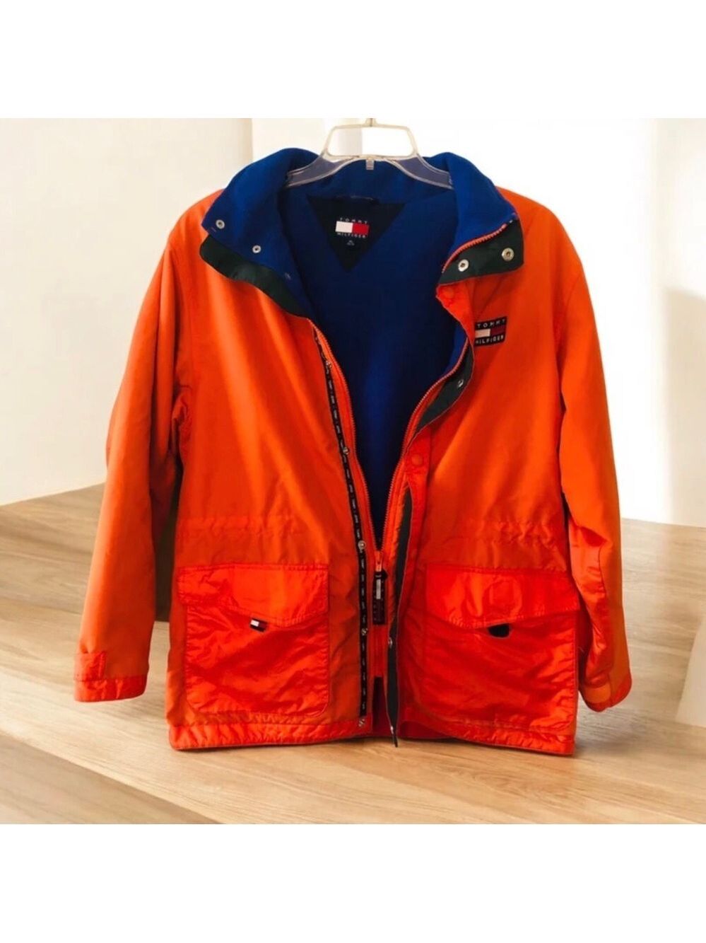 Tommy Hilfiger Vibrant Orange Jacket with Deep Blue Fleece Lining Men’s Size XL